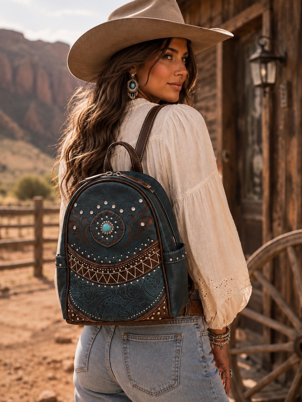 Western Embroidered Teal Backpack with Brown Trim Concealed Carry Bag Embossed